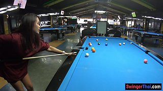 Curvy bottom Thai GF plays pool and blowjobs