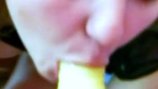 Curvy life MILF is fucked by strap on and then licks hairy pussy