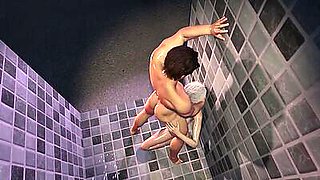 Muscle guy fucking a big tits futa babe in the shower in a 3d porn animatio