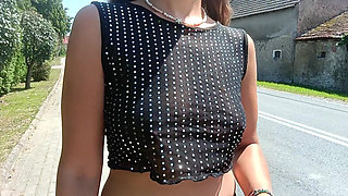 Walking Down the Street in a See-through Blouse Public Flashing of Tits and Pussy