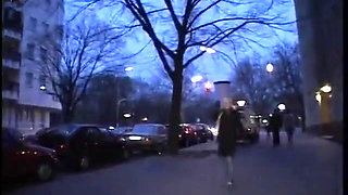 Blonde teen wearing nylon shaving her pussy while two guys jerking on her