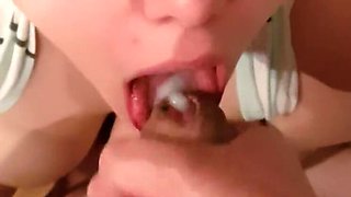 Amateur chubby German girl loves swallowing cum in POV close-up