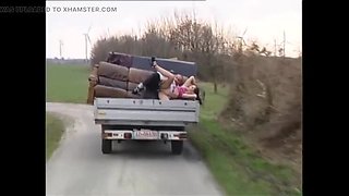 Horny MILF Fucks on Running Truck - Outdoor Sex with Big Ass Brunette