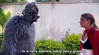 Angry wolf fucks little red riding hood with small tits in the forest in her sweet mouth