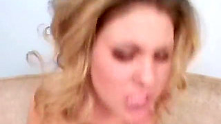 Blonde deepthroats a big white cock on her knees