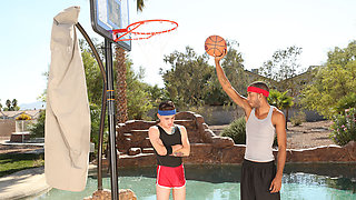 Horny brunette slut outdoors fucked by two basketball studs