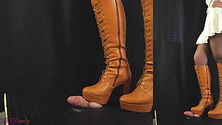 Leather Soft Bootjob in Brown Boots - Ball Stomp, Bootjob, Shoejob, Ballbusting, CBT