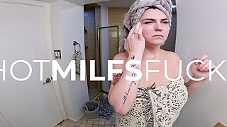 Busty curly brunette with big boobs fucks on couch