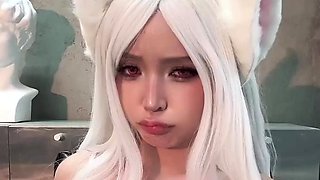 Cosplay cutie posing and playing with herself on webcam