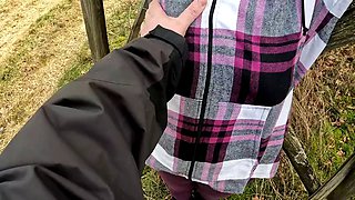 Slapping her tits red in the woods