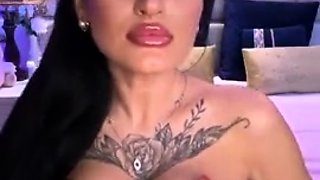 Busty curly brunette with big boobs fucks on couch