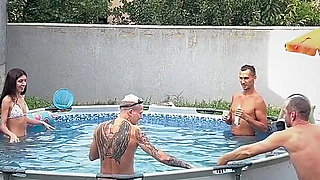 Three Guys Fucked a Sexy Girlfriend After a Pool Party - She Loves It When Cum Runs Down Her Face