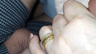 Step mom hand can't stay away from step son dick without handjob his dick