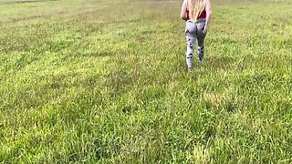 Chubby blonde needed help and got dicked down in the meadow POV