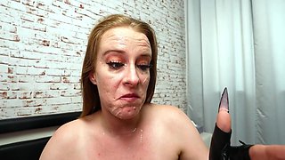 Hot blonde girl gets gangbanged by a group of men with big cocks, that poured her with cum