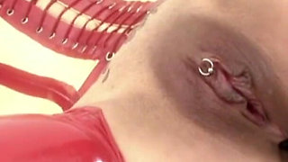 Horny chick is playing with her asian slave