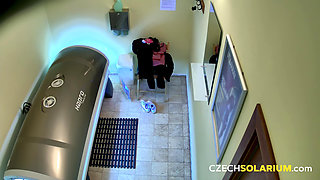 Czech Solarium 64: Blonde with No Panties Flashes Everything
