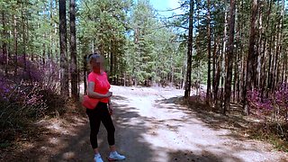 Hot MILF walks and runs in the Forest braless and without