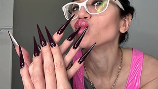 New Color Long Nails, Sharp Stilettos, Long Fingers Sucking and Hot Handjobs with Spit, Pink Pvc on Me
