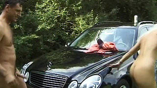 German MILF Threesome FMM Outdoor Big Natural Tits Blonde DP