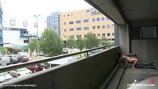 Shaved pussy Euro babe fucked in public