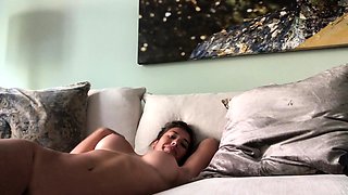 Pale amateur babe with big boobs swallows cum on her knees