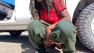 Ebony outside, pussy rubbing cock, risky adventures