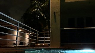 Outdoor solo masturbation scene with curly blonde