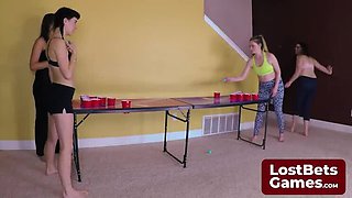 Daring Strip Pong Game: Lesbian Teens Helena & Olive Get Wild with Big Tits & Small Tits Action