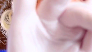 Medical nitrile white nurse gloves and fur with dark lipstick - Blonde ASMR