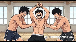 Strung Up By The Wrists - Bare Hands On A Bound Muscle Jock's Armpits And Ribs (2D Anime Bara)