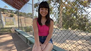 Teen with tiny tits and nice ass Mochi Mona shows off creampied pussy