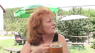 Helga, 69 years old horny, hairy cunt with thick hanging tits lets herself be banged by the strapping grandpa Outdoor