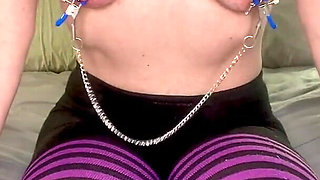 Cspot Wears Purple and Black Striped Tights and Rubs Out a Loud Clit Orgasm