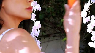 Amateur young brunette enjoys dildo on solo masturbation