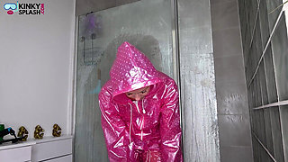 Slippery Pink Pvc Shower Tease: Soaked and Squeaky Fun