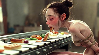 Extremely Skinny Girl Bound - Stuffed with Food Until Full