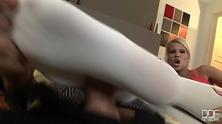 He sprays on her pantyhose