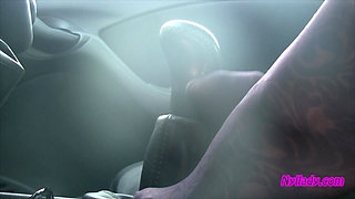 Nyllady's Footjob to Gearshift and Wheel in Patterned Pantyhose
