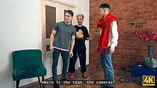 Cuck4k. Double Penetration three-way with hot russian dark haired and 2 strangers