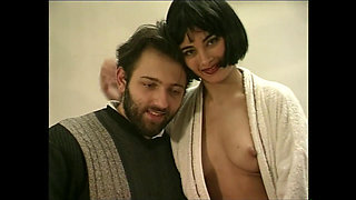 Wonderful Teen with Shaved Pussy Fucked with Condom and Cum in Mouth by Two Cocks