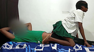 Petite African Teen Lovet Rides Cowgirl and Takes Big Dick Standing in School Uniform