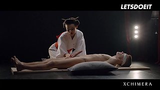 European geisha Vanessa Decker gives lucky man nice massage and fucks him later