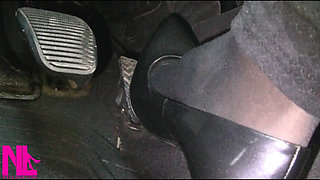 Revving and Driving in Black Pantyhose and Grey High Heels