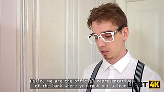 Debt4k. hot debtor polly yangs is dancing for 2 debt collectors and then gets pounded in Double Penetration