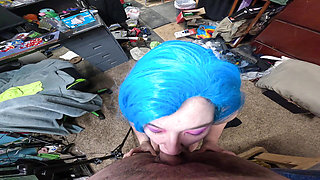 blue hair asian teen earns her mouthful of cum