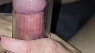I test out vibrators on my clit while he pumps his cock until he cums into a glass and I swallow his load